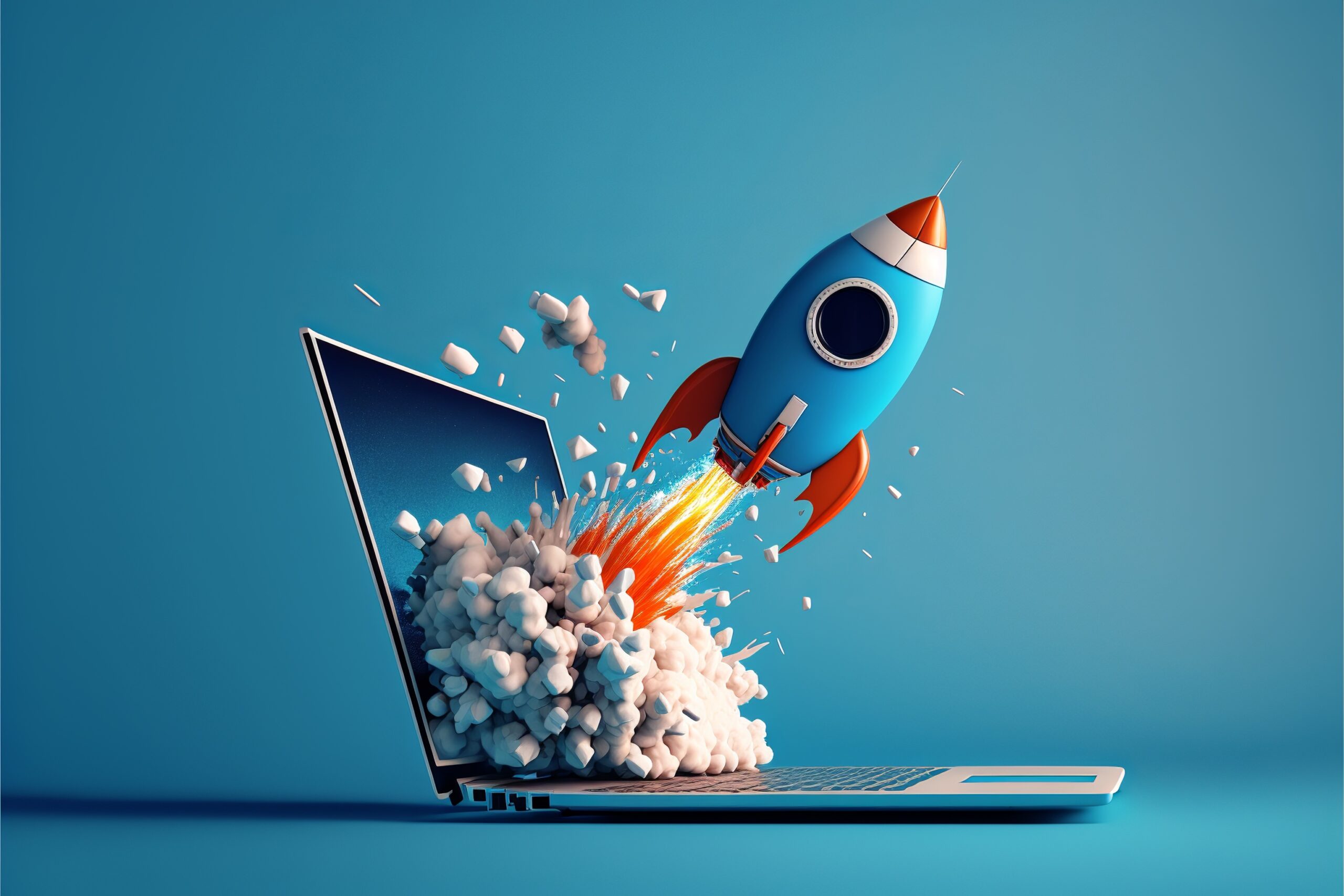 An illustration of a rocket launching from a laptop.