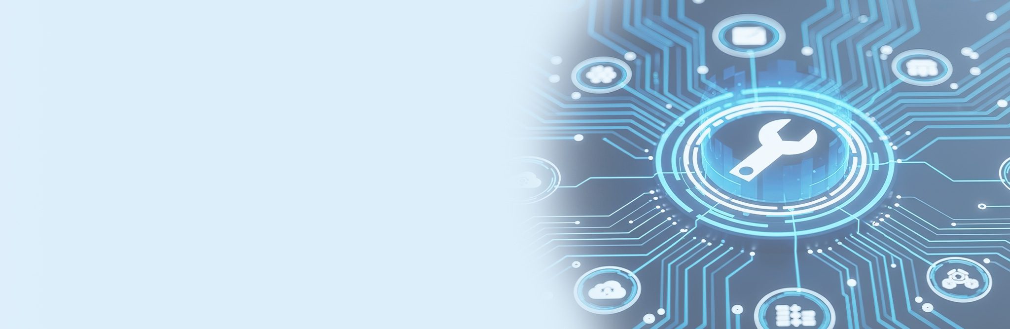 Digital circuit board with central wrench icon surrounded